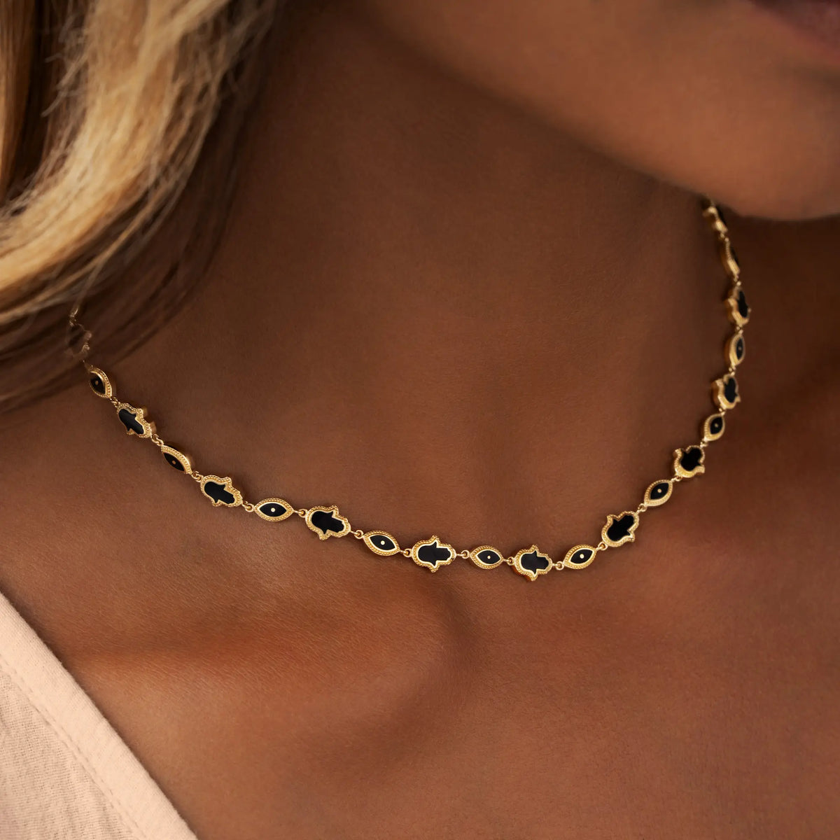 Blessed Horizon Evil Eye & Hamsa Onyx Necklace