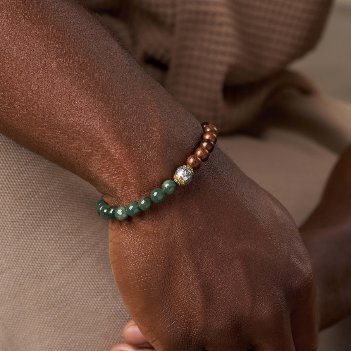 Forever Assured Jade & Wood Mantra Silver Bracelet