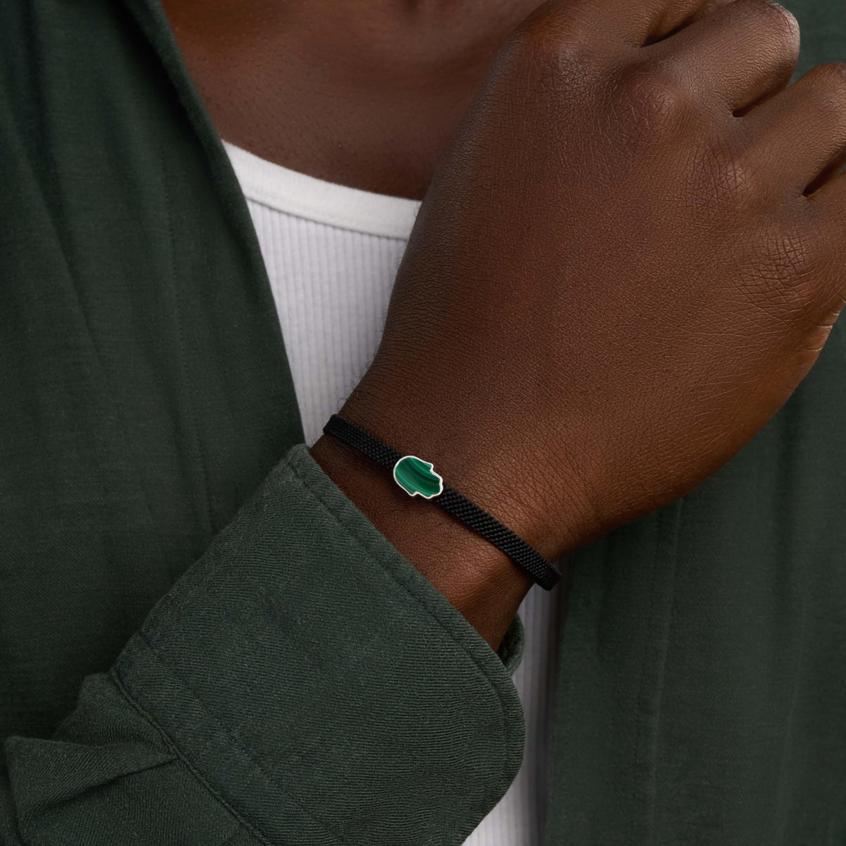 Guardian of Harmony Malachite Hamsa Black String Bracelet