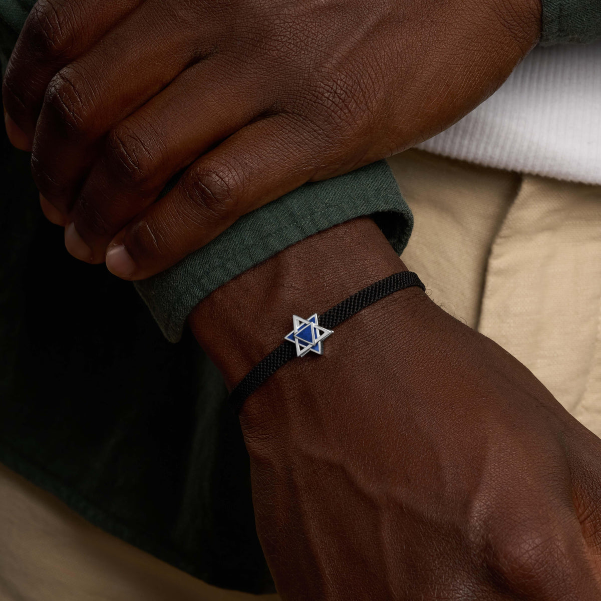 Celestial Shield Lapis Lazuli Star of David Black String Bracelet