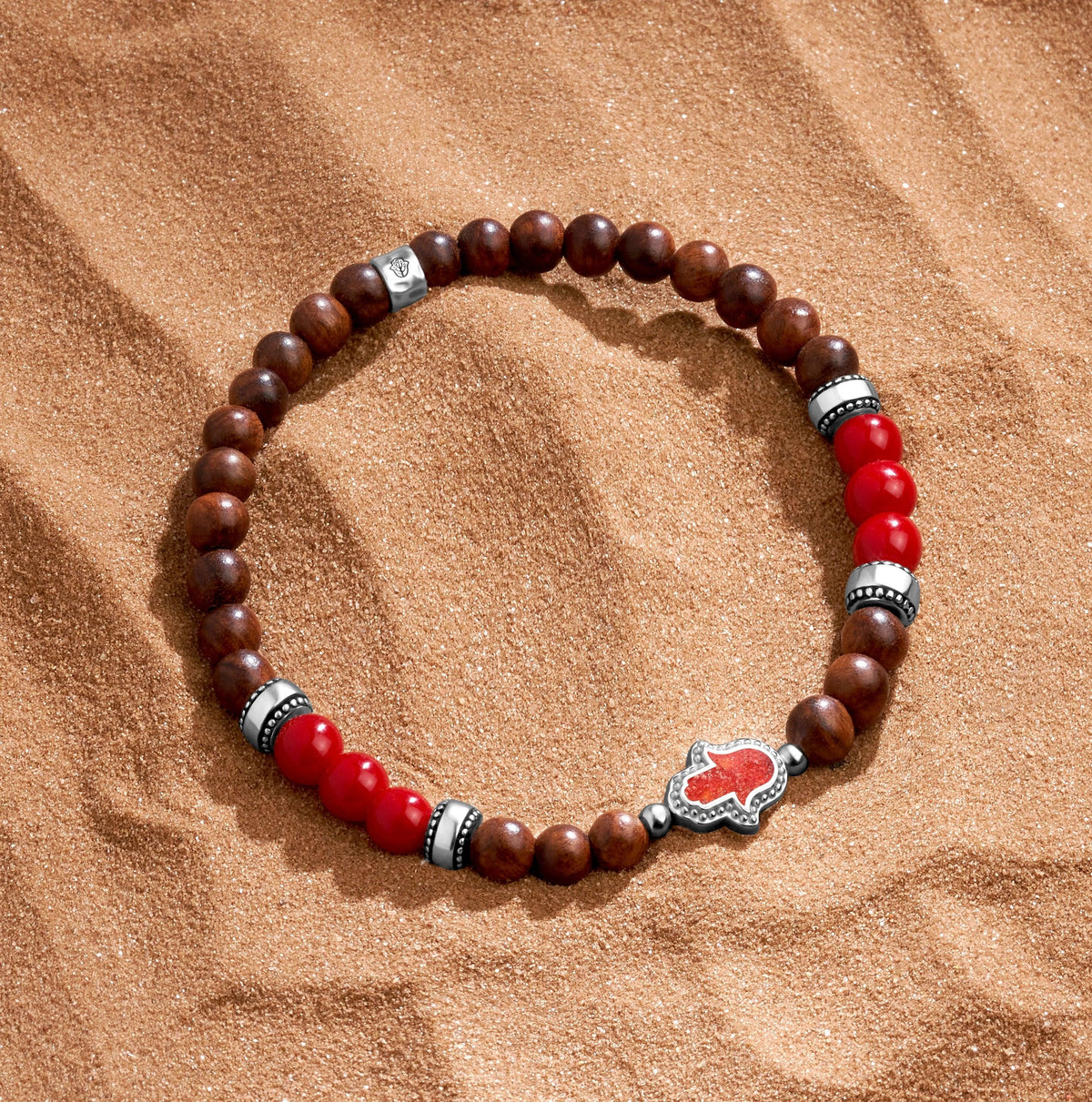 Enduring Tenacity Wood Hamsa Coral Charm Silver Bracelet