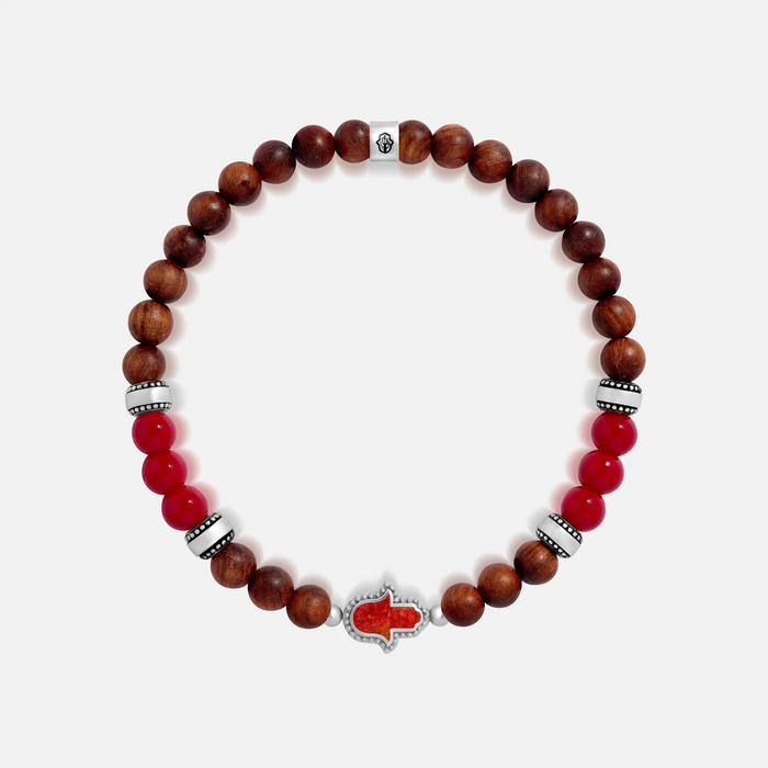 Enduring Tenacity Wood Hamsa Coral Charm Silver Bracelet