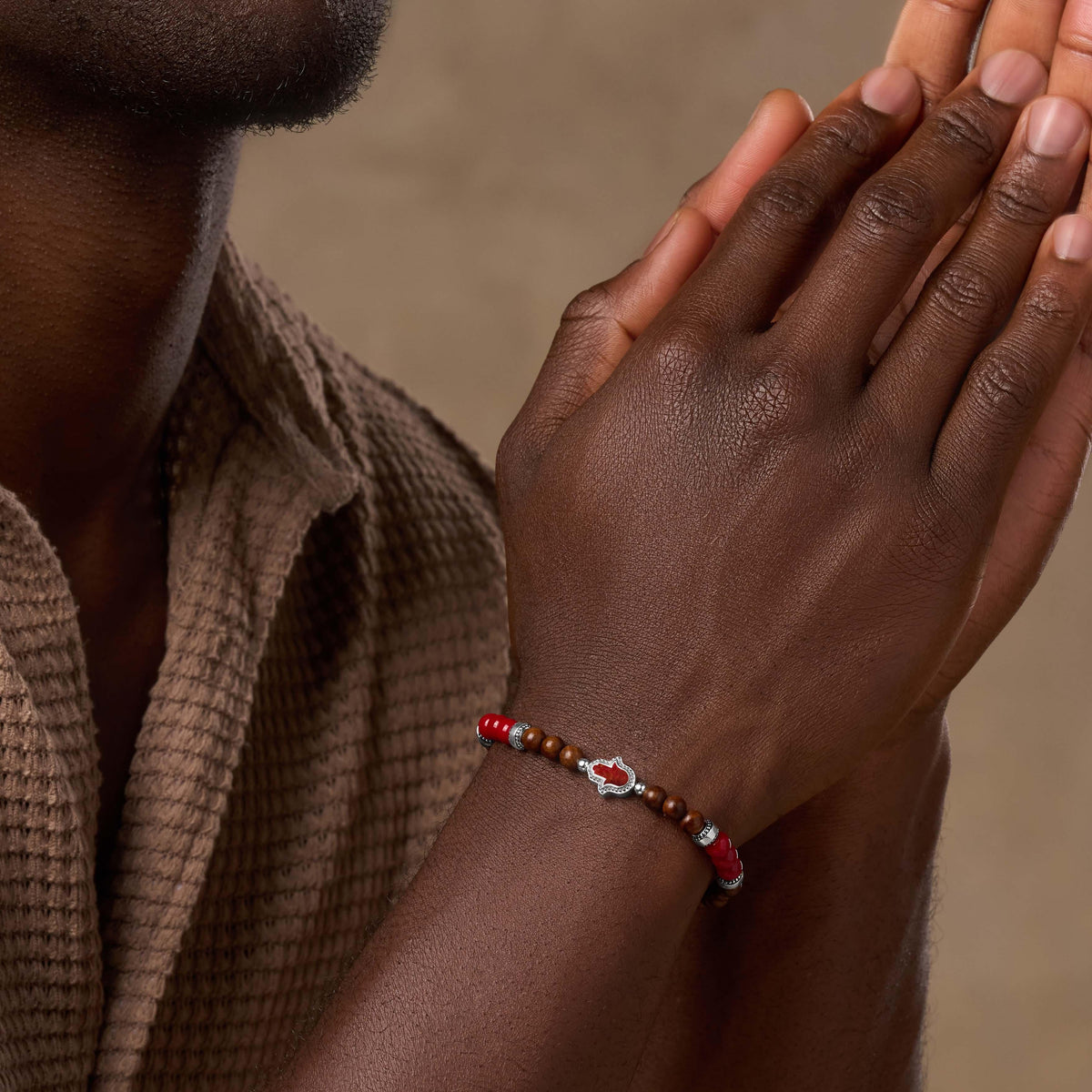 Enduring Tenacity Wood Hamsa Coral Charm Silver Bracelet
