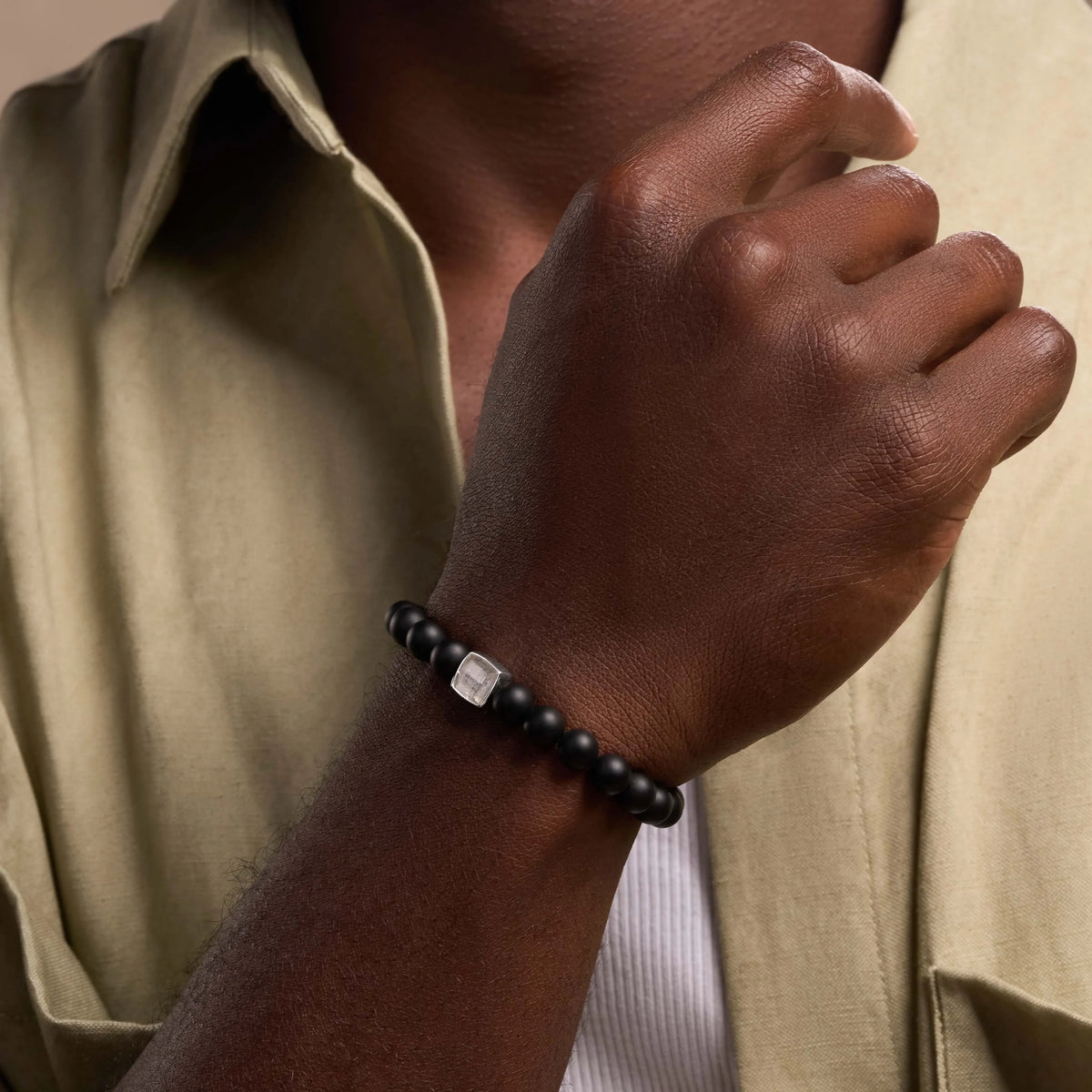 Purified Aura White Quartz Birthstone Bracelet on Black Onyx