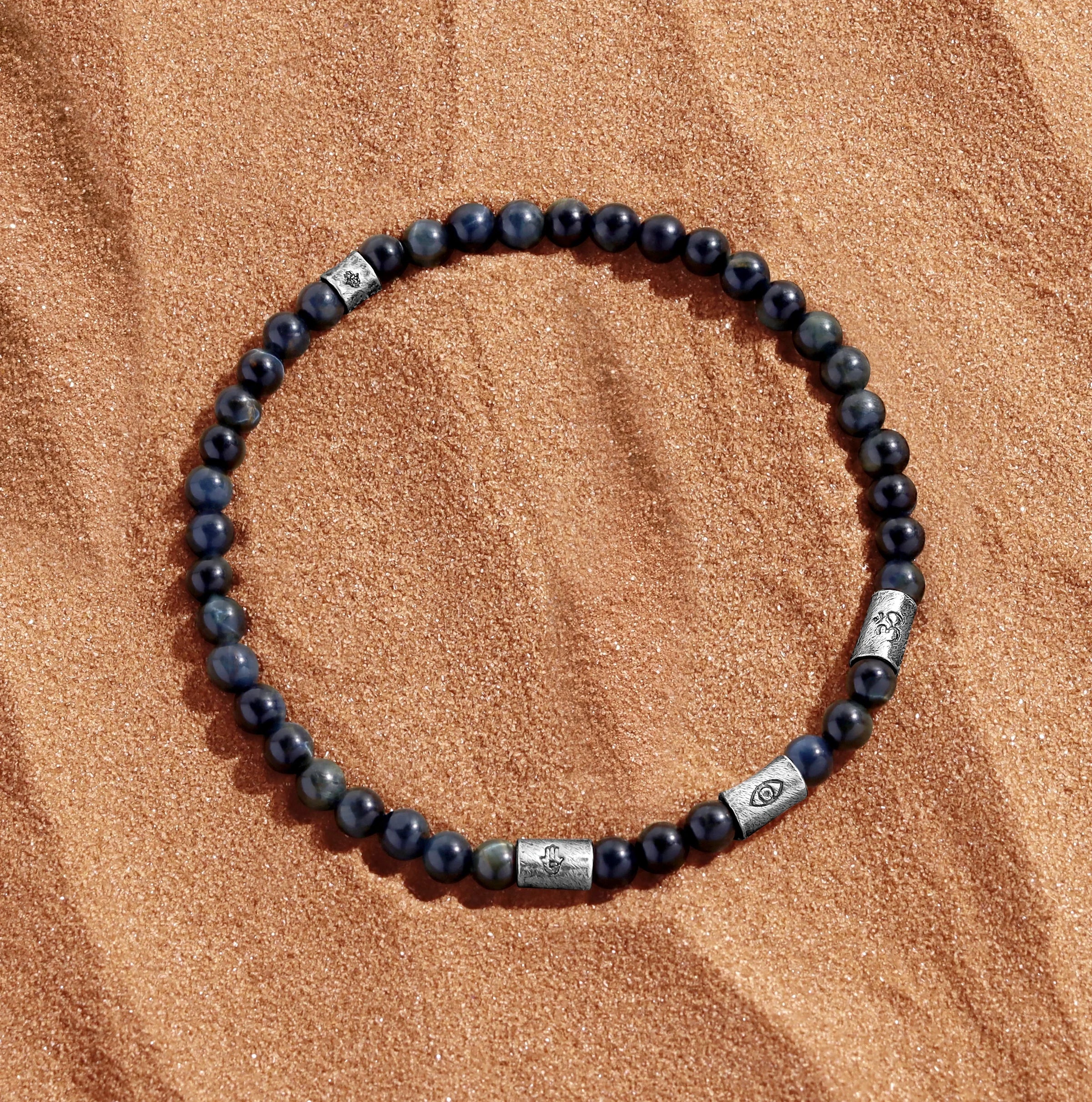 Eternal Gratitude Blue Tiger’s Eye Mantra Barrel Silver Bracelet