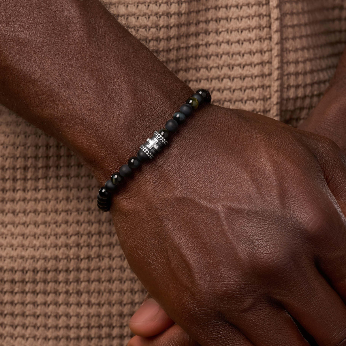 Spiritual Strength Blue Tiger’s Eye Cross Barrel Silver Bracelet