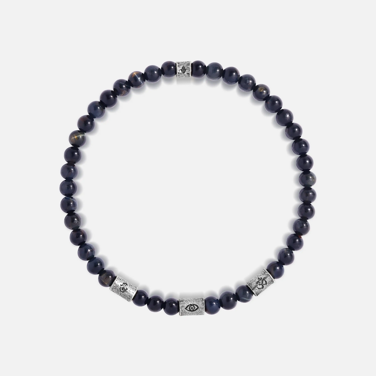 Eternal Gratitude Blue Tiger’s Eye Mantra Barrel Silver Bracelet