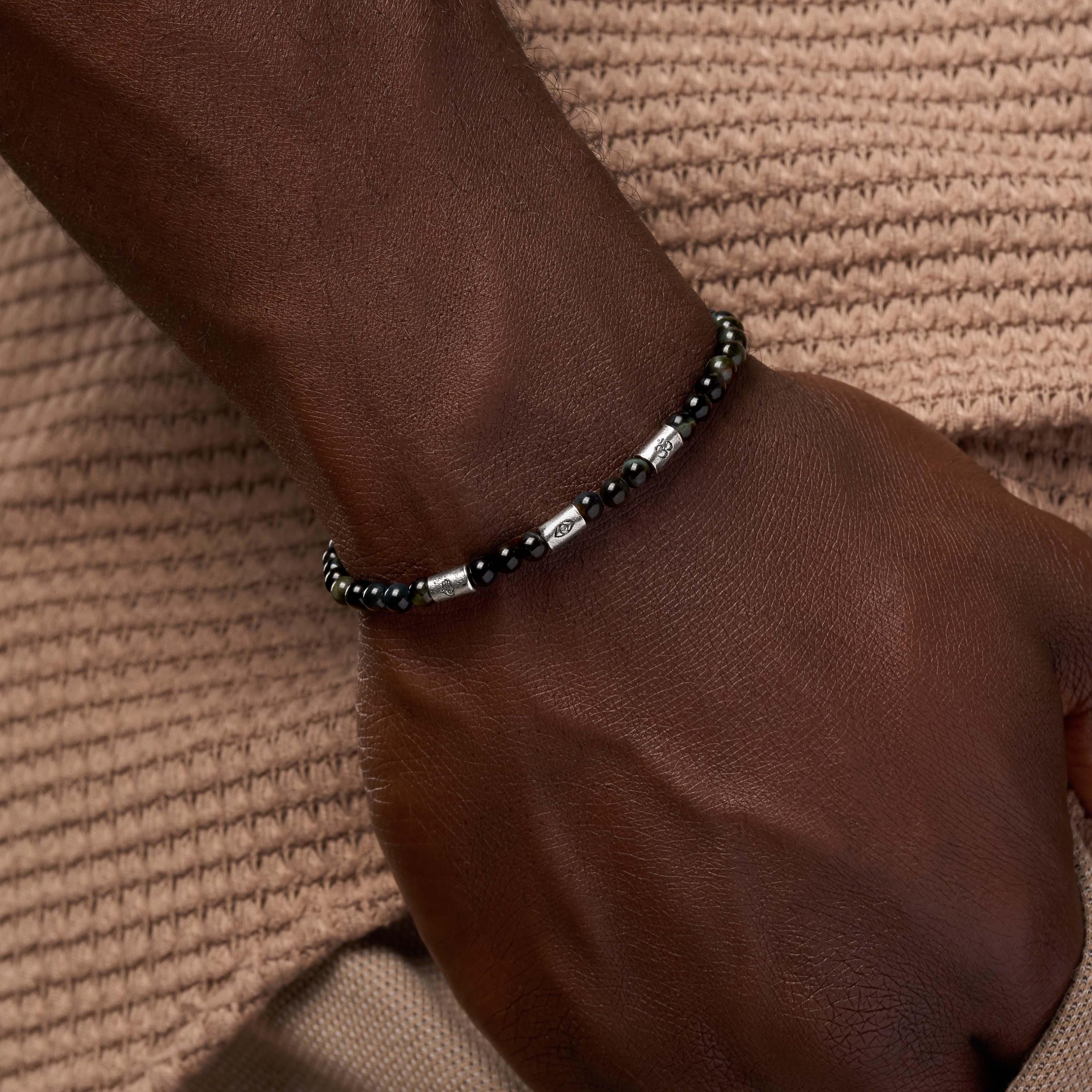 Eternal Gratitude Blue Tiger’s Eye Mantra Barrel Silver Bracelet