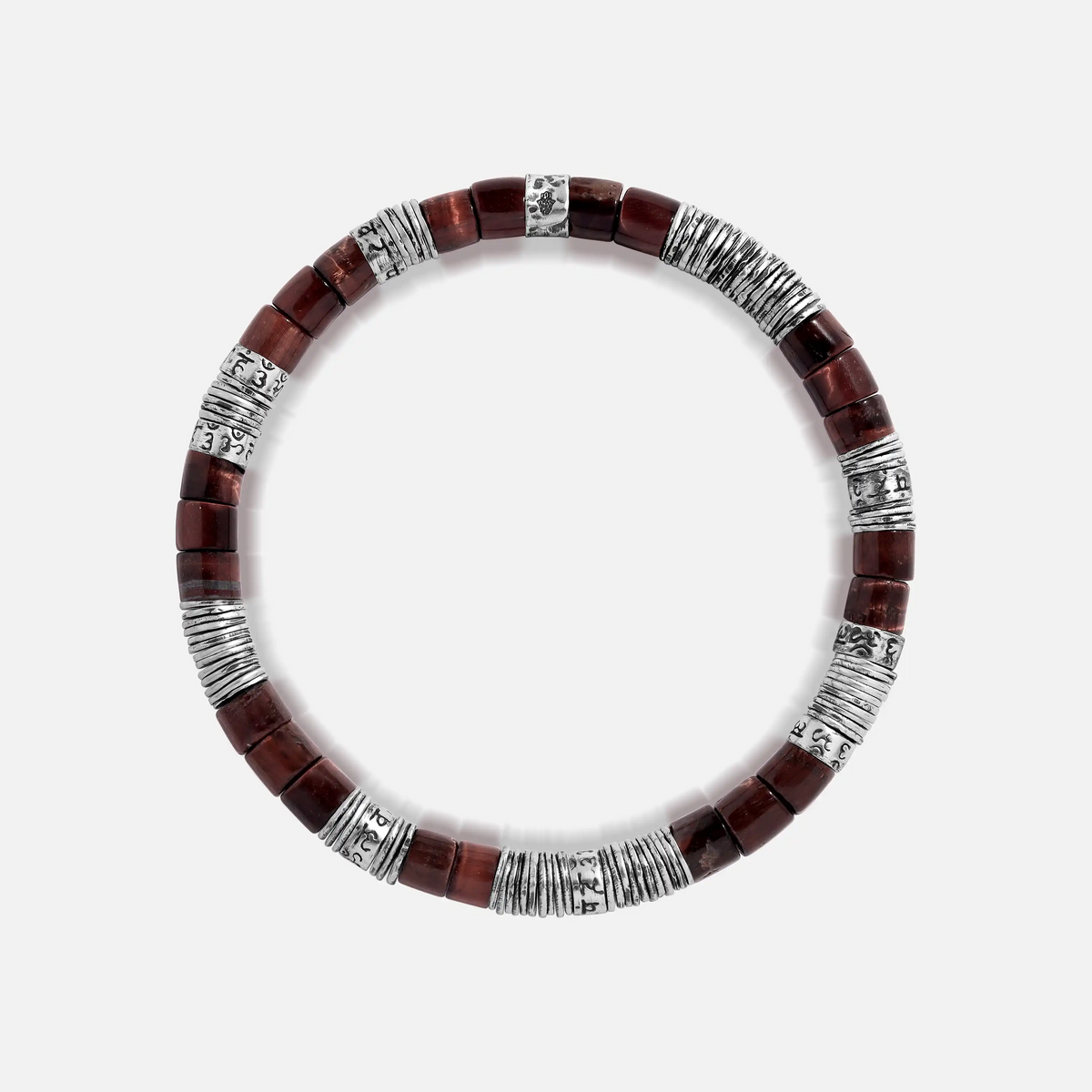 Echoes of Intention Red Tiger Eye Mantra Heishi Silver Bracelet
