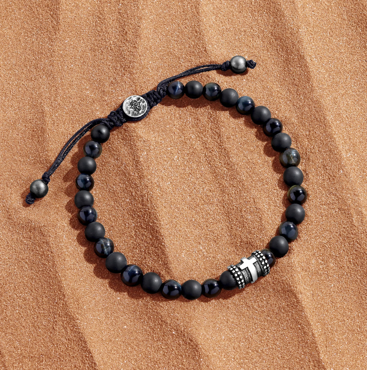 Spiritual Strength Blue Tiger’s Eye Cross Barrel Silver Bracelet