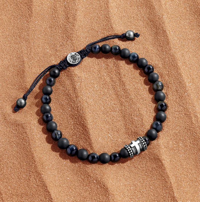 Spiritual Strength Blue Tiger’s Eye Cross Barrel Silver Bracelet