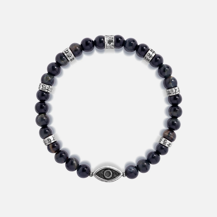 Constant Growth Blue Tiger’s Eye & Matte Onyx Silver Bracelet