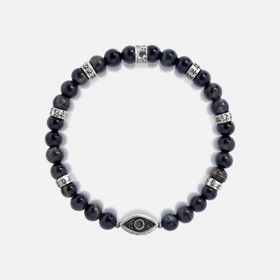 Constant Growth Blue Tiger’s Eye & Matte Onyx Silver Bracelet