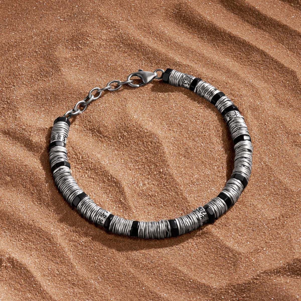 Defined Balance Silver Heishi & Mantra Onyx Bracelet
