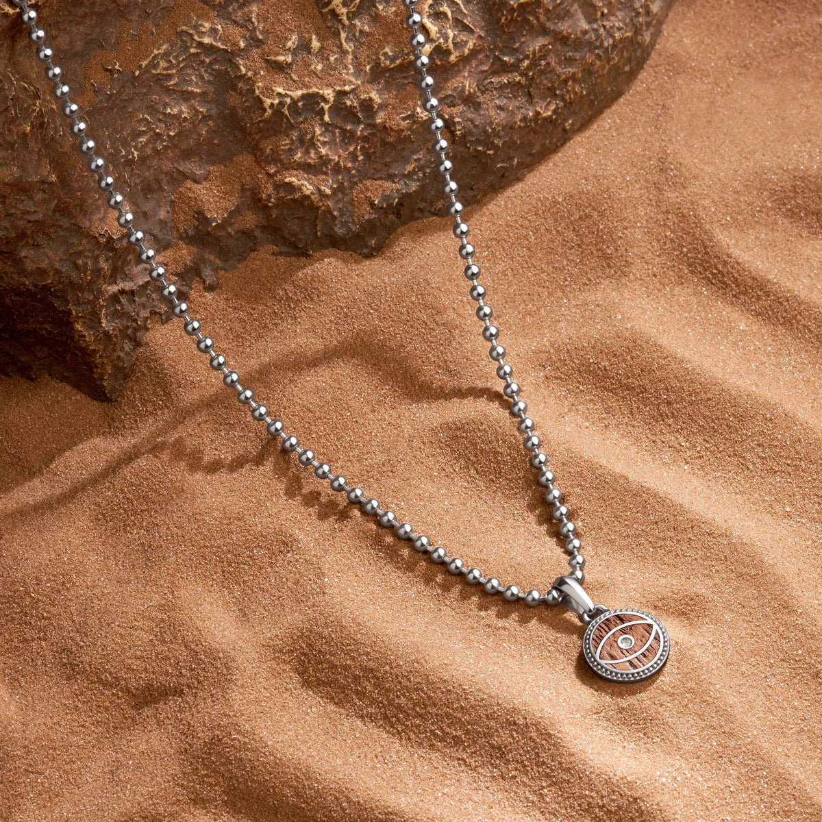 Distinguished Guardian Wood Evil Eye Charm Silver Necklace