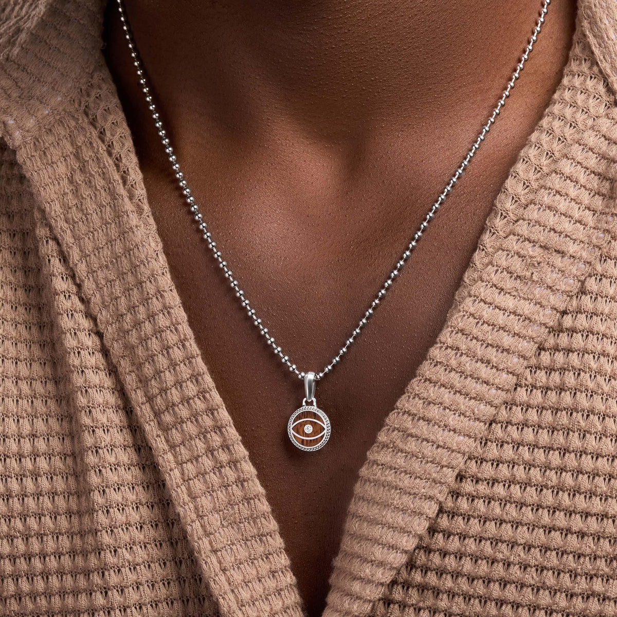 Distinguished Guardian Wood Evil Eye Charm Silver Necklace