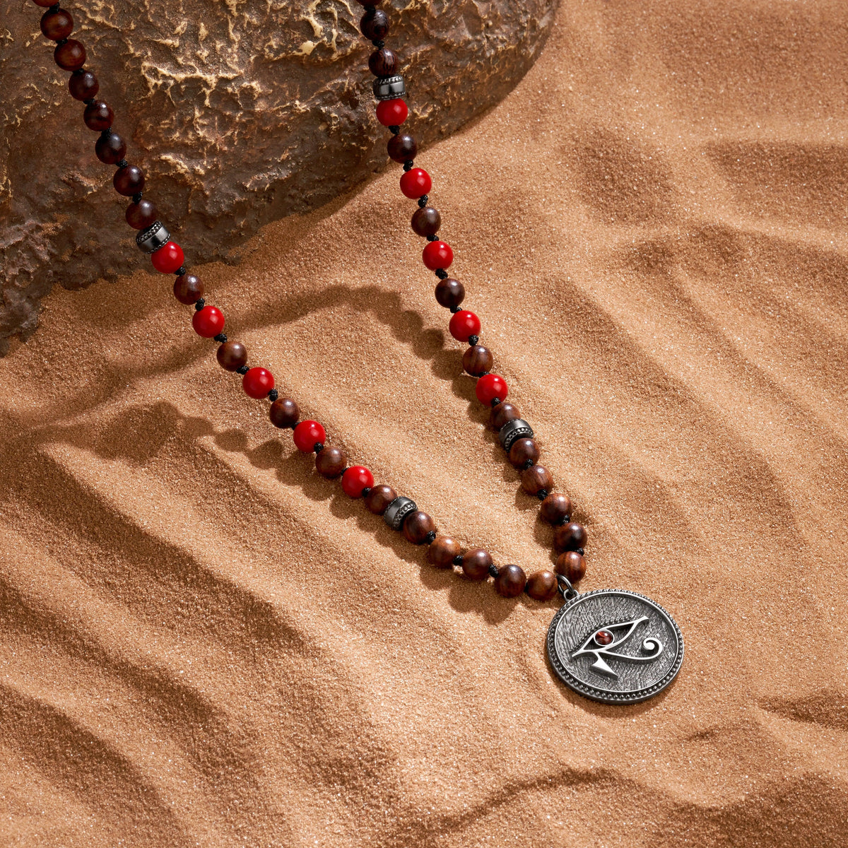 Ancestral Guard Wood & Coral Eye of Horus Charm Silver Necklace