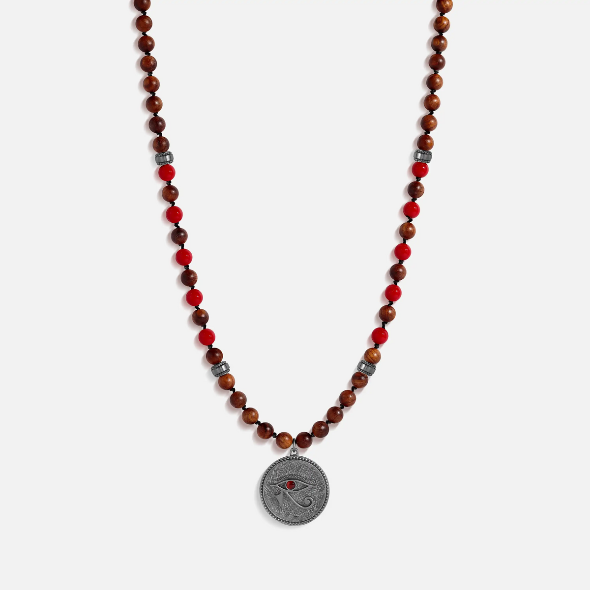 Ancestral Guard Wood & Coral Eye of Horus Charm Silver Necklace