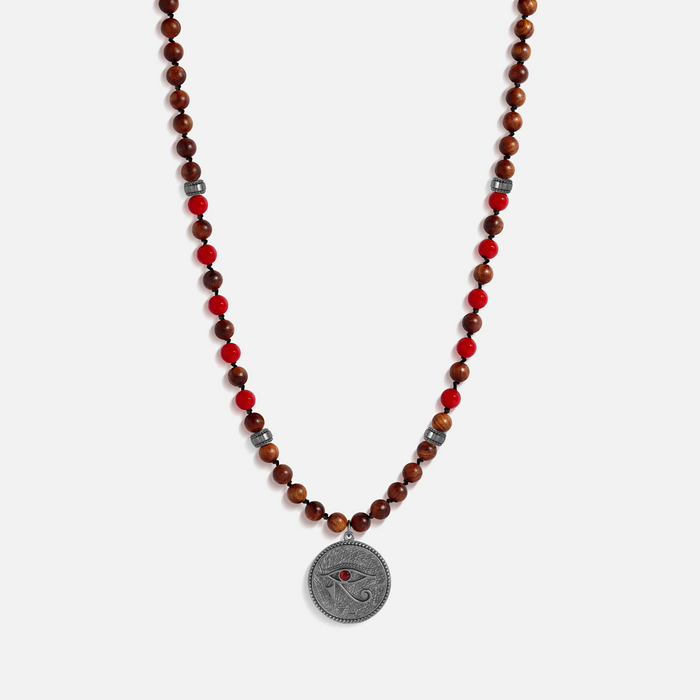 Ancestral Guard Wood & Coral Eye of Horus Charm Silver Necklace