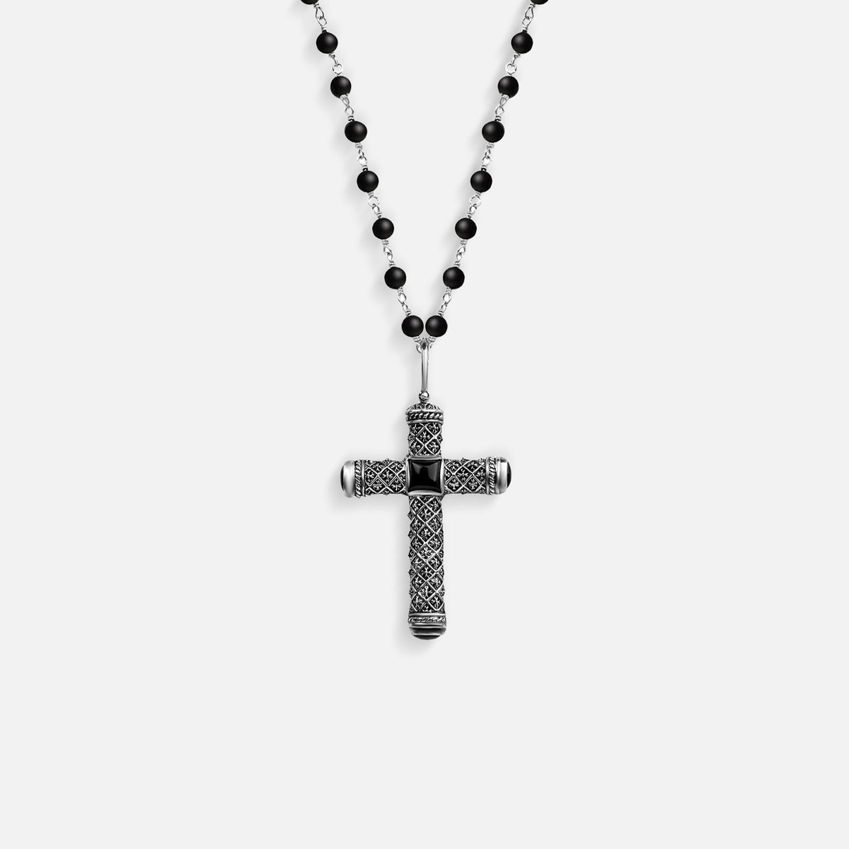 Profound Belief Silver Matte Onyx Cross Charm Necklace