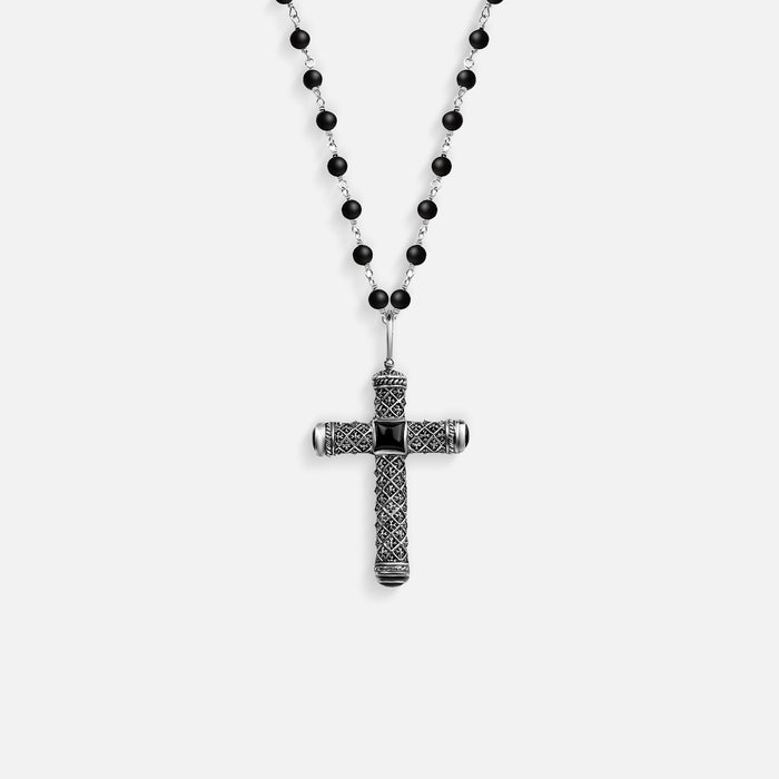Profound Belief Silver Matte Onyx Cross Charm Necklace