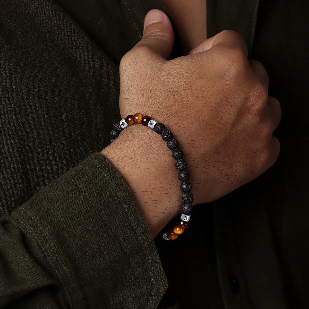 Empowered Balance Black Lava Stone & Tiger’s Eye Charm Bracelet