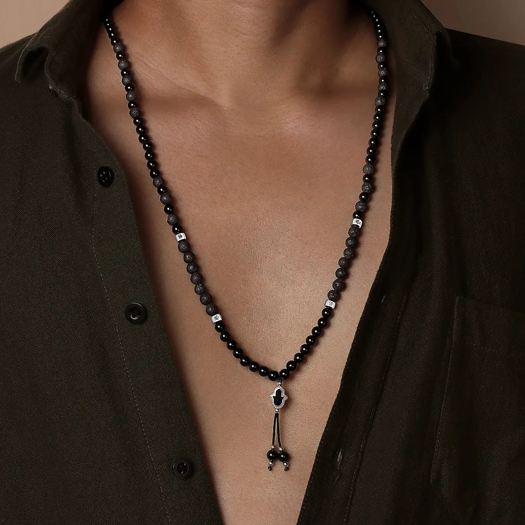Shielded Path Hamsa Onyx & Lava Necklace