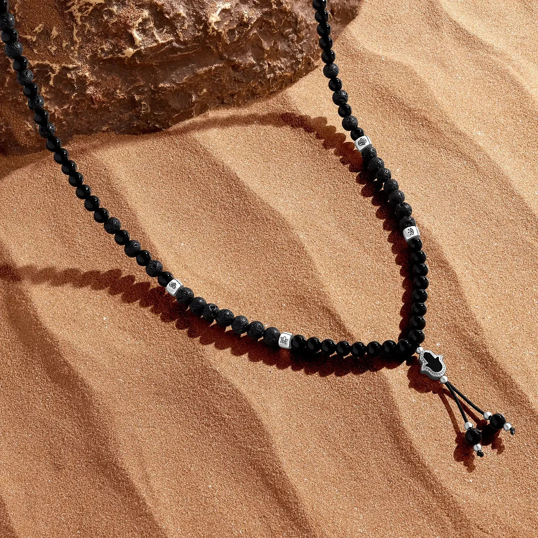 Shielded Path Hamsa Onyx & Lava Necklace