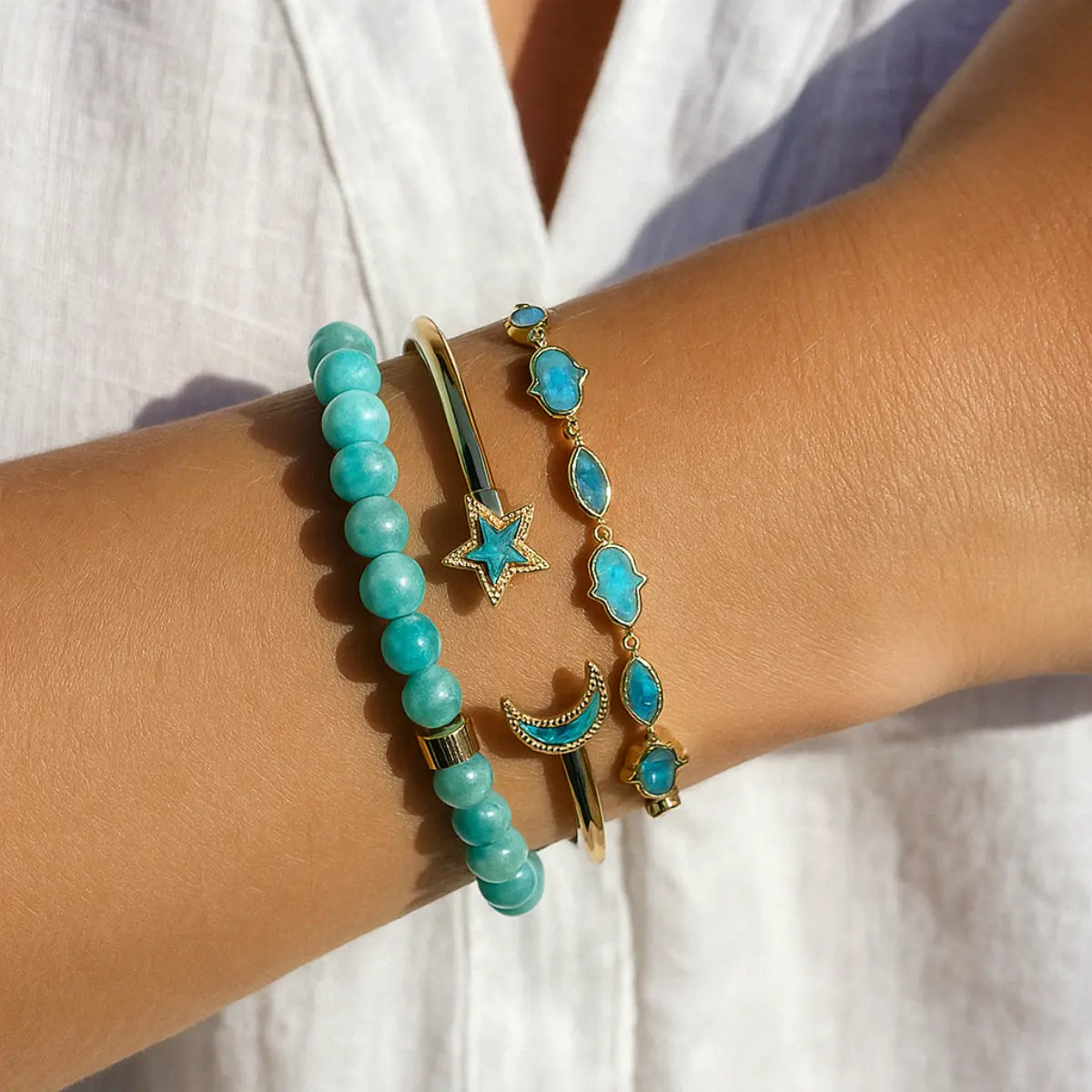 Celestial Direction Turquoise Moon & Star Gold Cuff Bracelet