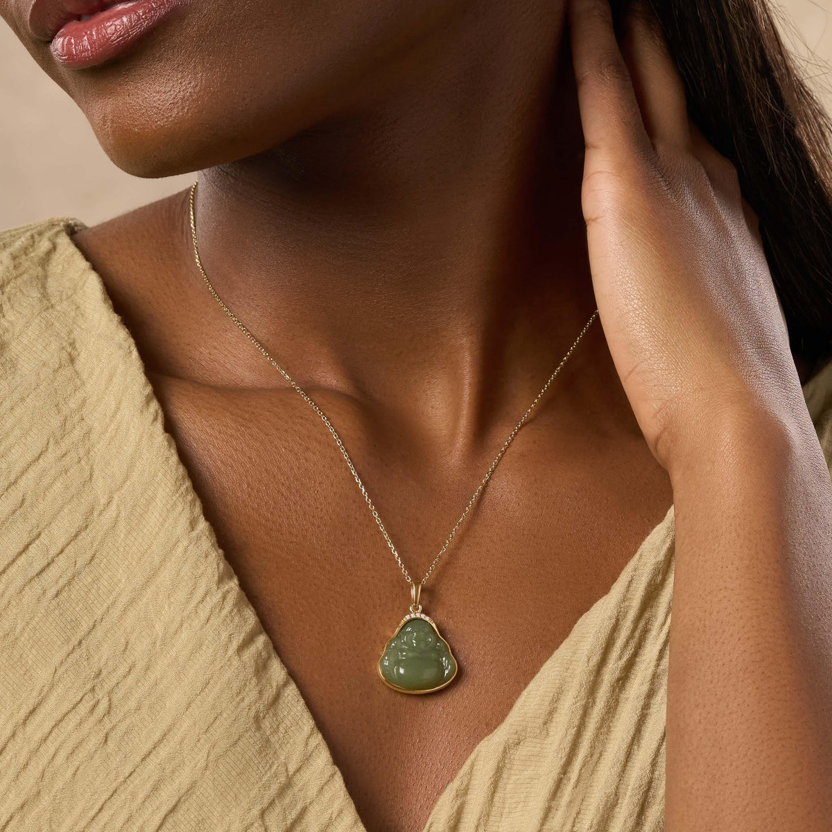 Reaching Nirvana 14K Gold Jade Buddha Necklace