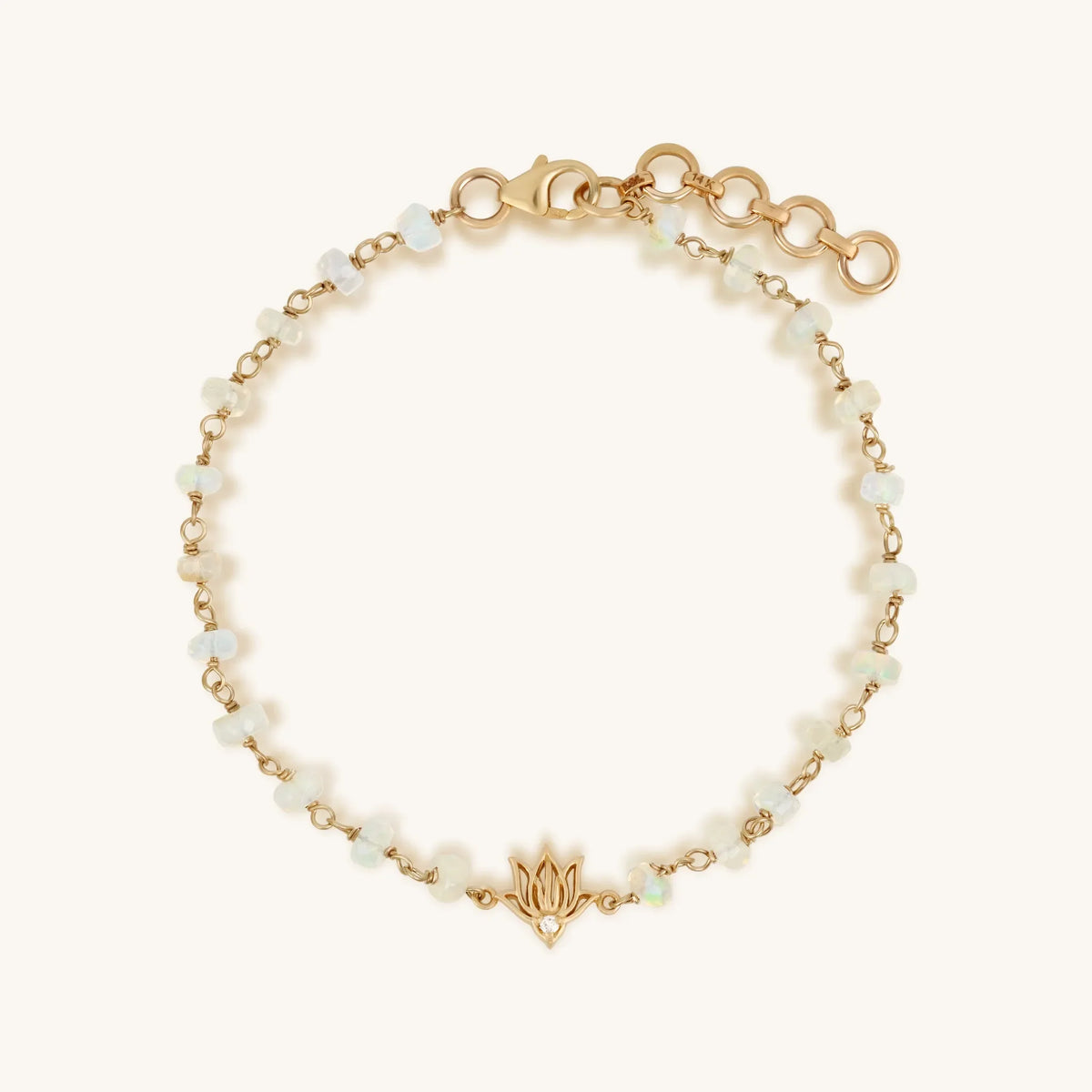 Awakened Beauty 14K Gold Ethiopian White Opal Diamond Lotus Bracelet