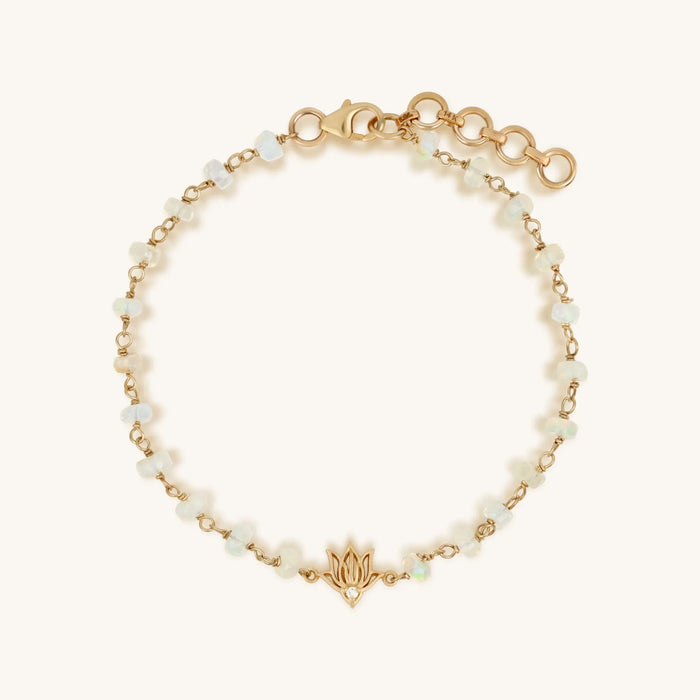 Awakened Beauty 14K Gold Ethiopian White Opal Diamond Lotus Bracelet