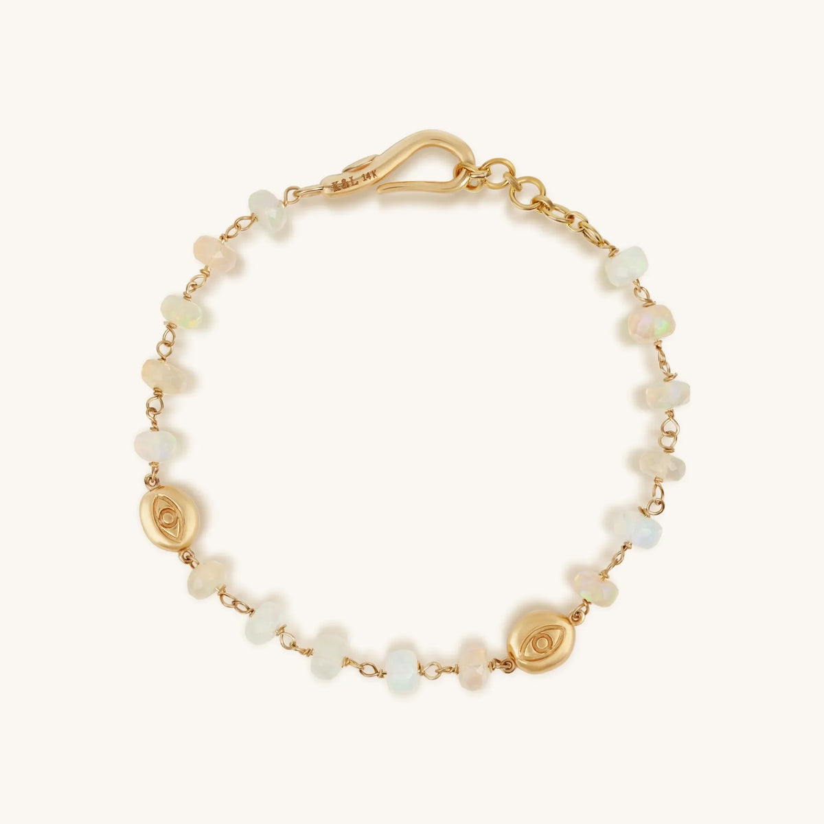Infinite Potential 14K Gold Ethiopian White Opal Evil Eye Disk Bracelet