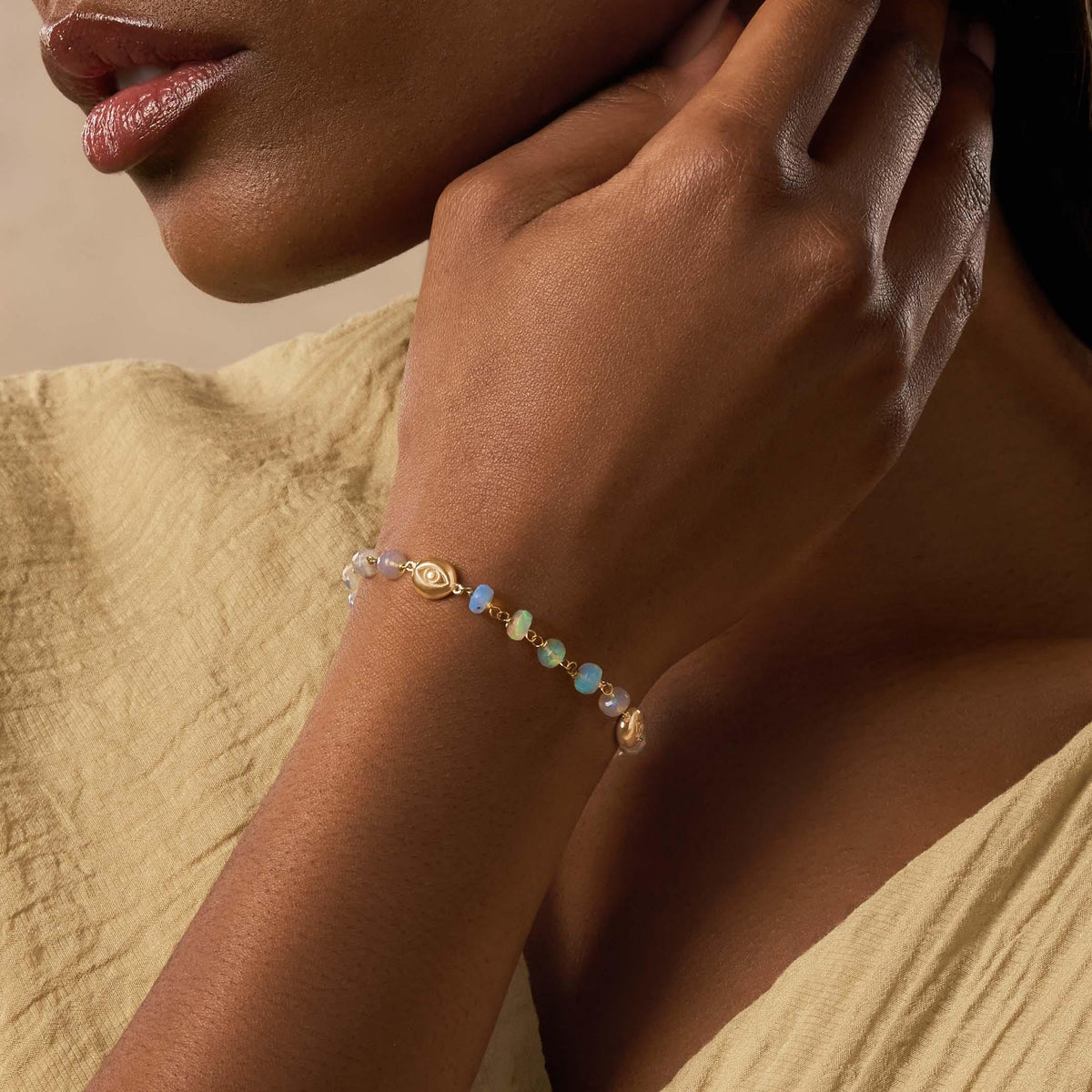 Infinite Potential 14K Gold Ethiopian White Opal Evil Eye Disk Bracelet