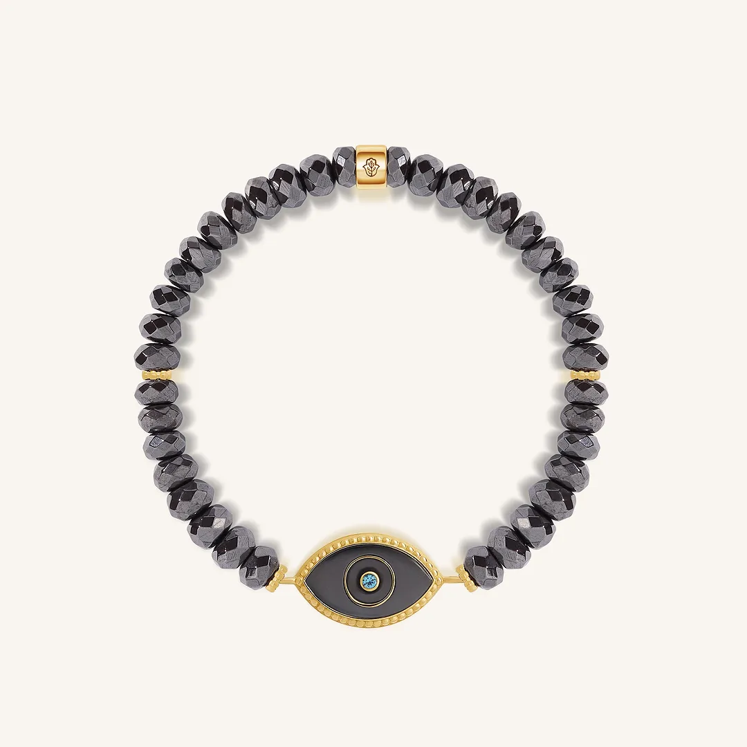 Steady Light Evil Eye Hematite & Aquamarine Gold Bracelet