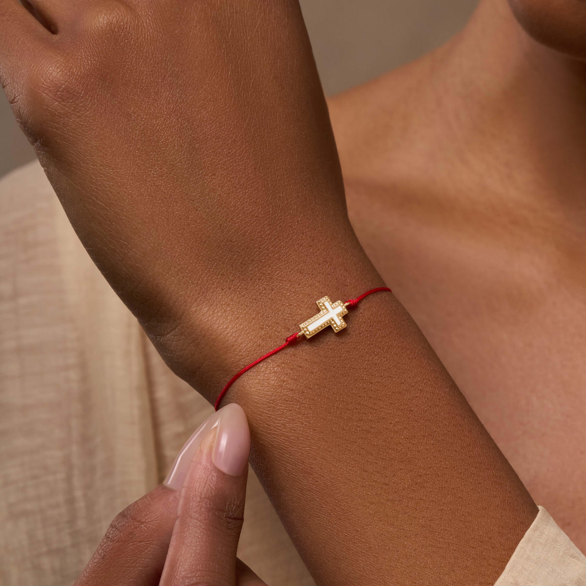 Faithful Abundance Cross Mother of Pearl Red String Bracelet