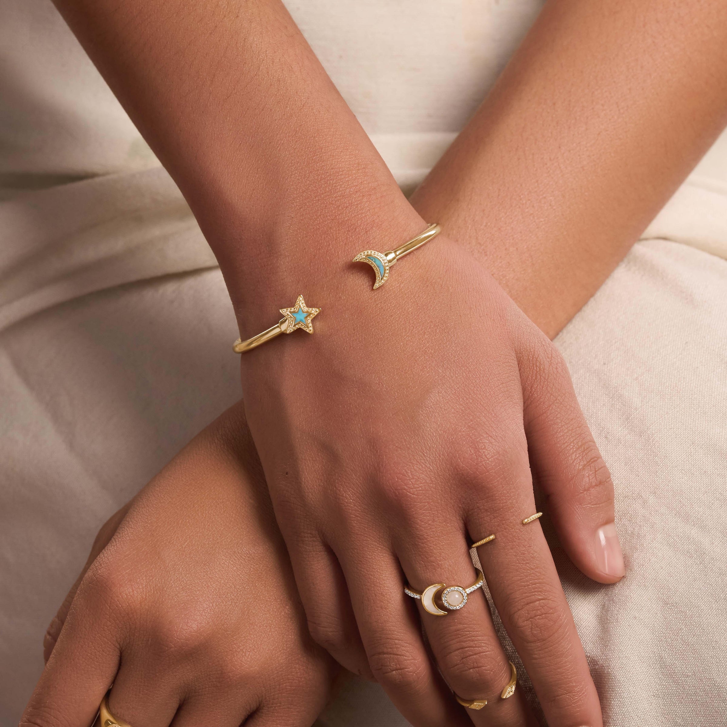 Celestial Direction Turquoise Moon & Star Gold Cuff Bracelet