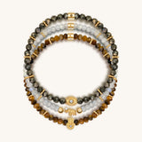 Fierce Spirit Tiger's Eye Labradorite Pyrite Triple Protection Bracelet Stack