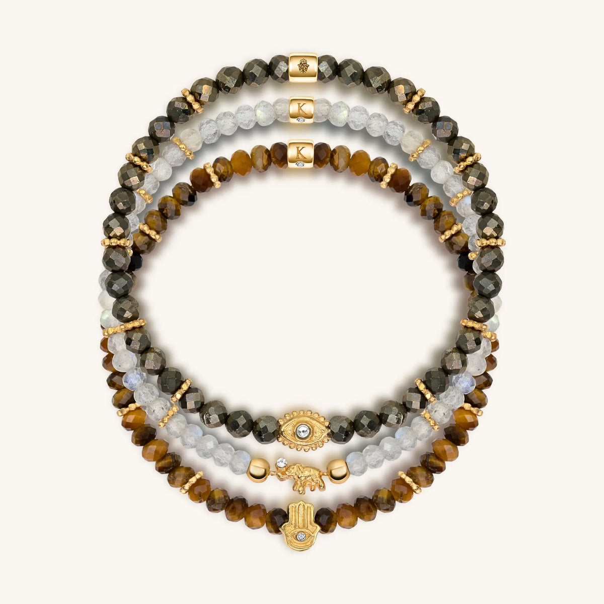 Fierce Spirit Tiger's Eye Labradorite Pyrite Triple Protection Bracelet Stack