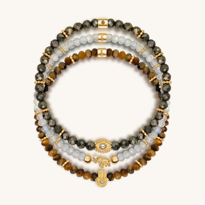 Fierce Spirit Tiger's Eye Labradorite Pyrite Triple Protection Bracelet Stack