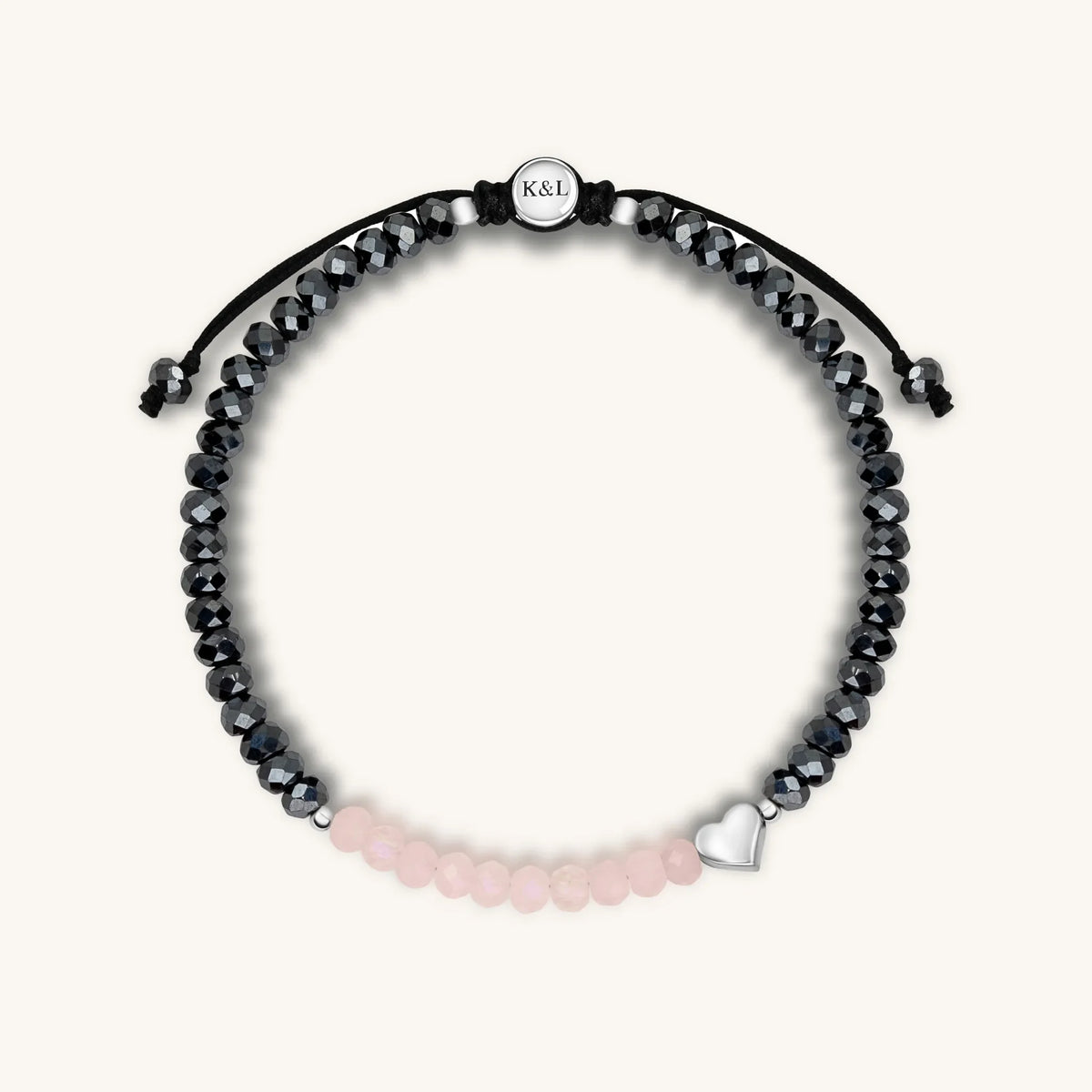Spiritual Love Rose Quartz Hematite Heart Charm Bracelet