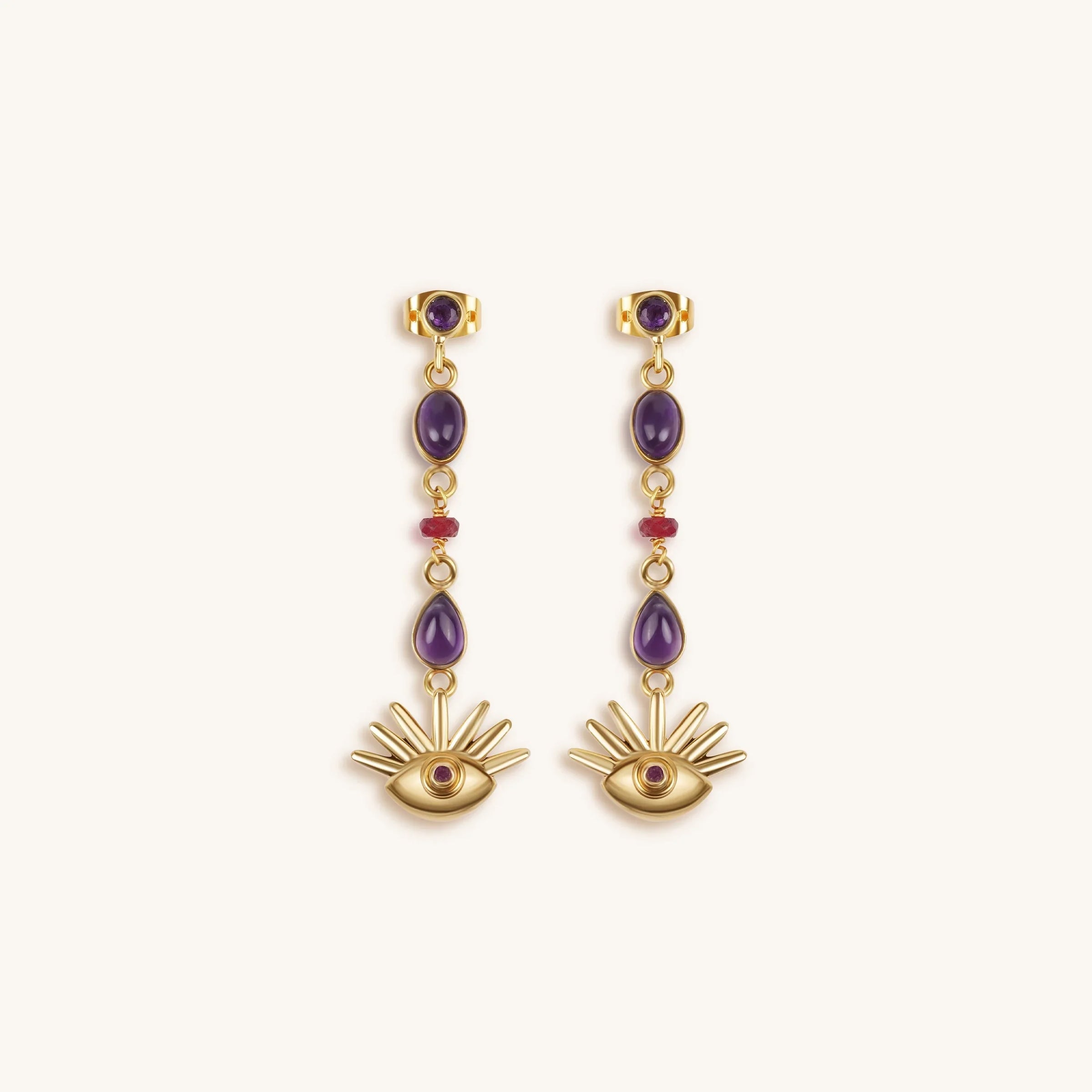 Fiery Intuition - Amethyst & Ruby Evil Eye Drop Earrings
