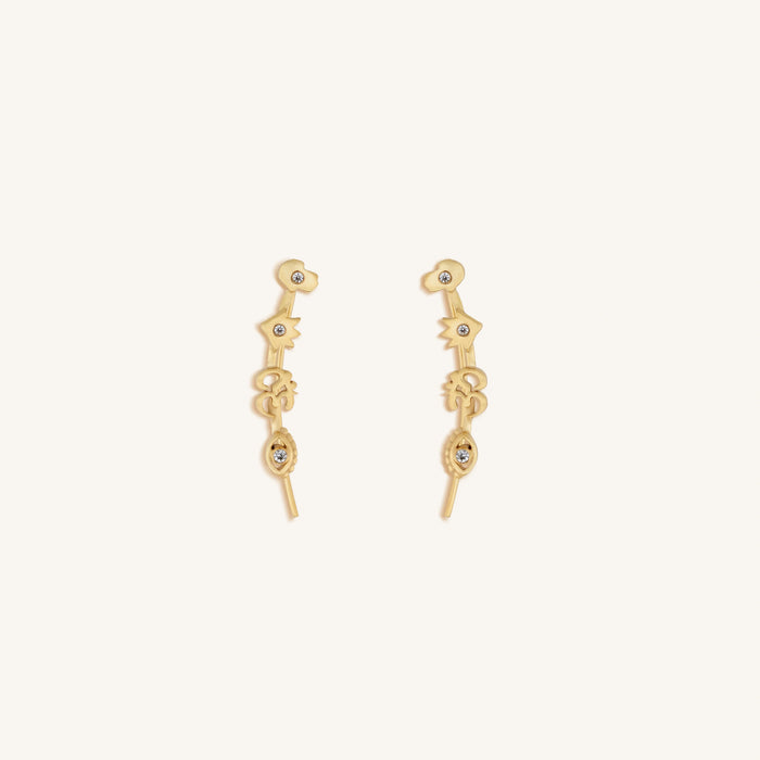 Divinely Guided Multi Symbol Climber Gold Earrings