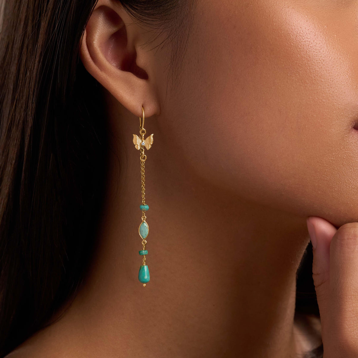 Spirit’s Ascent Turquoise Butterfly Gold Drop Earrings