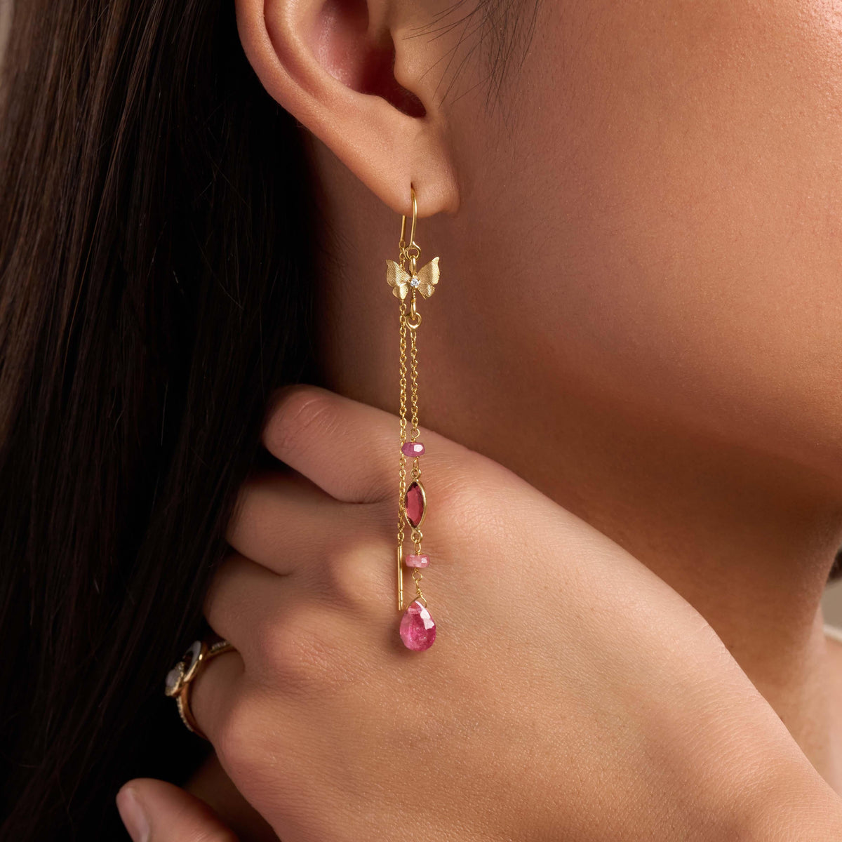 Zen Mindset Tourmaline Butterfly Gold Drop Earrings