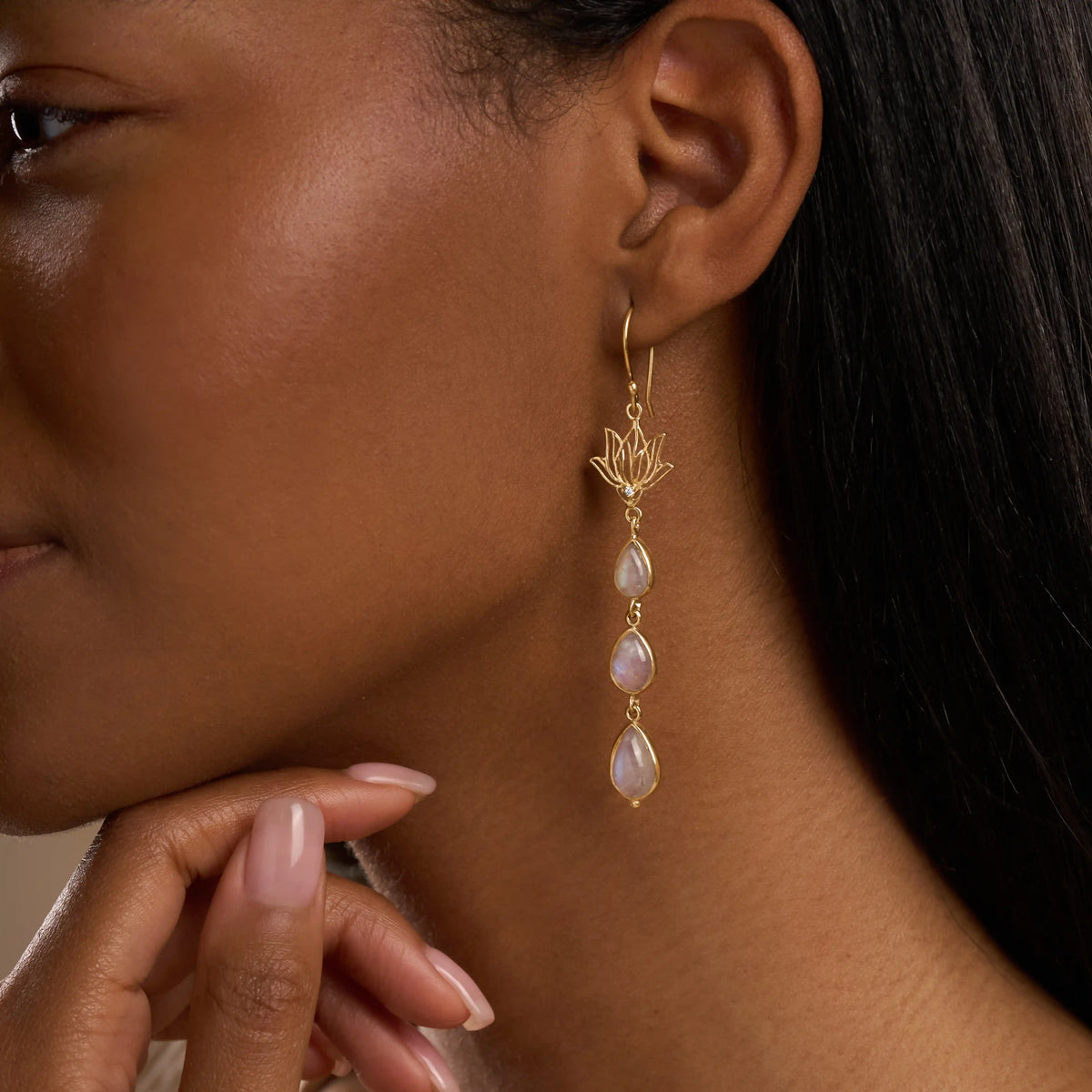 Serene Lotus Moonstone Dangle Earrings
