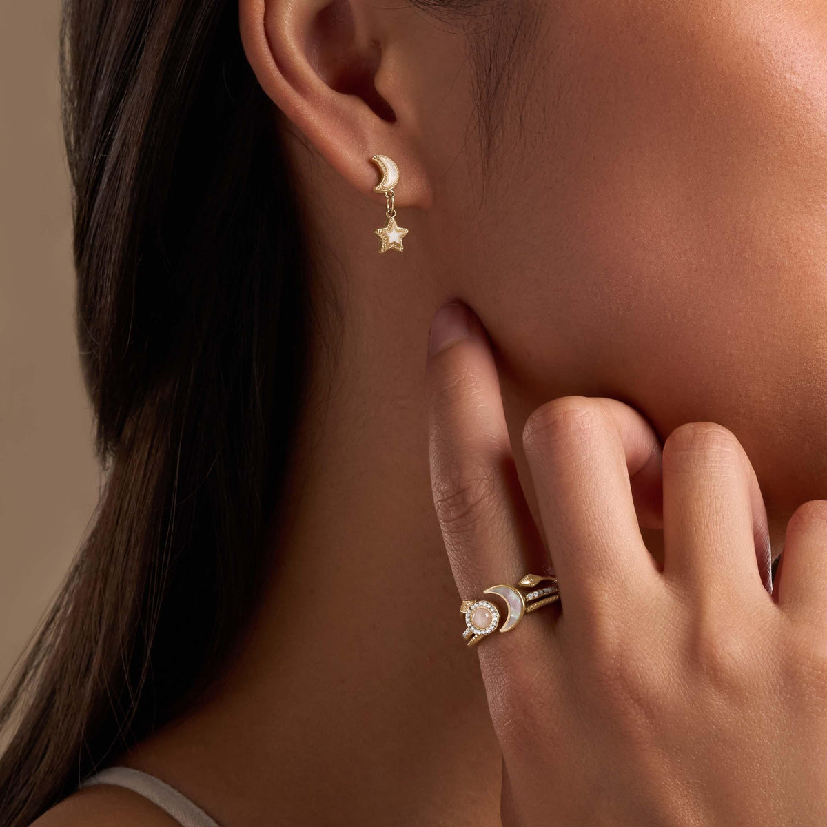 Ethereal Glow Rainbow Moonstone Moon & Star Gold Earrings