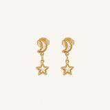 Ethereal Glow Rainbow Moonstone Moon & Star Gold Earrings