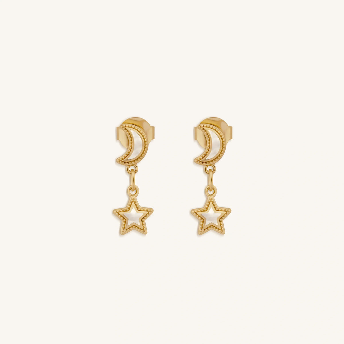 Ethereal Glow Rainbow Moonstone Moon & Star Gold Earrings