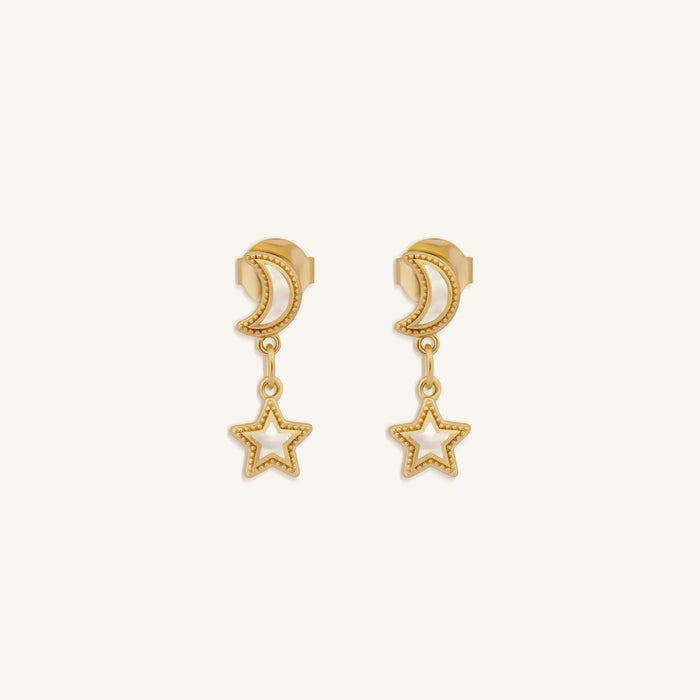 Ethereal Glow Rainbow Moonstone Moon & Star Gold Earrings